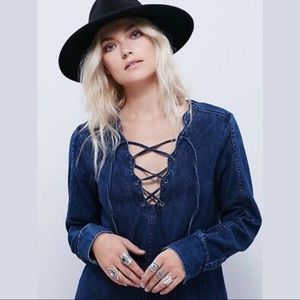 Free People Neapolitan Dreams Boho Indigo Blue Denim Lace-Up Tunic Dress Top S